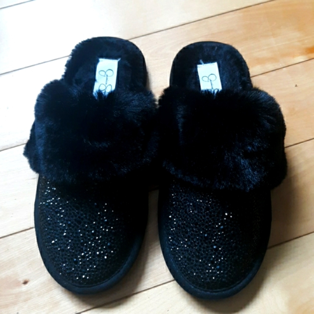 NWOT Jessica Simpson bedazzled sparkly black slippers, size 5